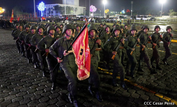 Ejército de Nicaragua realiza prácticas para desfile militar en saludo al 38 Aniversario