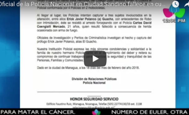 Oficial de la Policía Nacional en Ciudad Sandino fallece en cumplimiento del deber