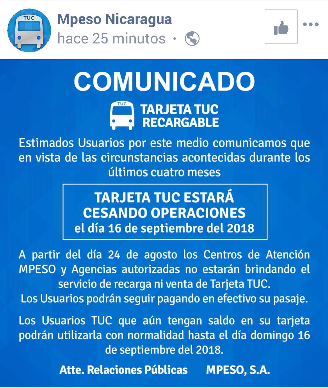 Tarjeta TUC estará cesando operaciones el 16 de septiembre