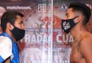 Román ‘Chocolatito’ González frente a Israel ‘Jiga’ González durante su pesaje oficial, este jueves 22 de octubre. / Foto: Twitter - @ZanferBox