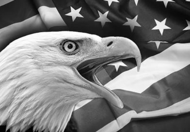 Águila sobre una bandera de Estados Unidos en blanco y negro