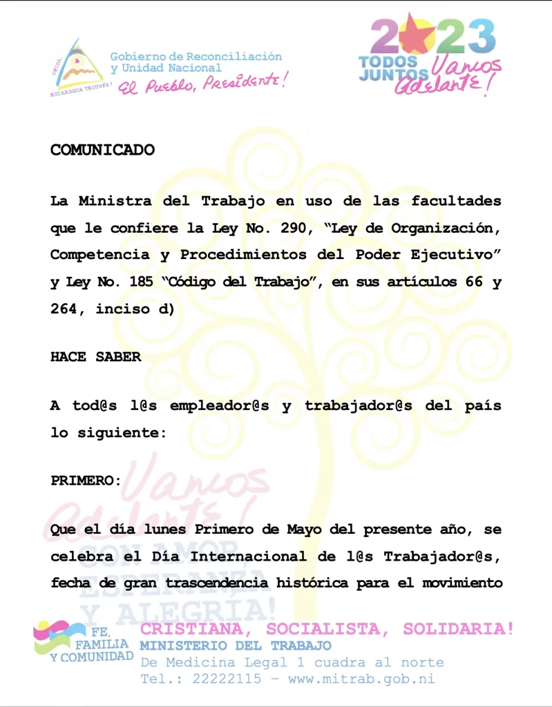 ministerio, trabajo, nicaragua, primero de mayo, managua