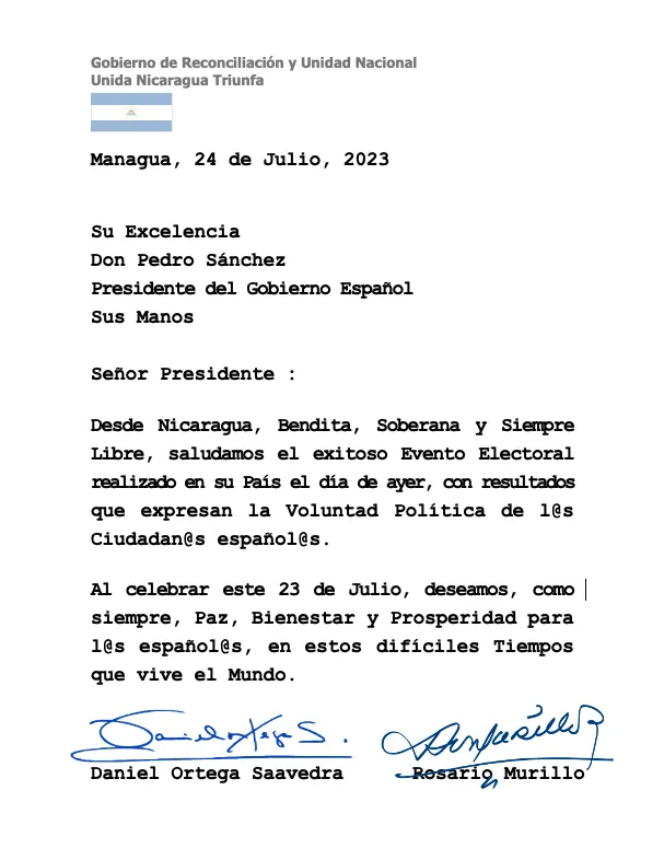 elecciones españa, mensaje nicaragua, daniel ortega, españa, nicaragua, pedro sanchez, rosario murillo