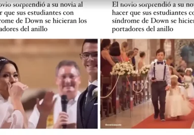 boda, matrimonio, niños, sindrome de down, novio, pareja, alumnos, llevan, levarle, anillos, anillos de matrimonio, sorprendida, emotiva, logopeda, profesora,